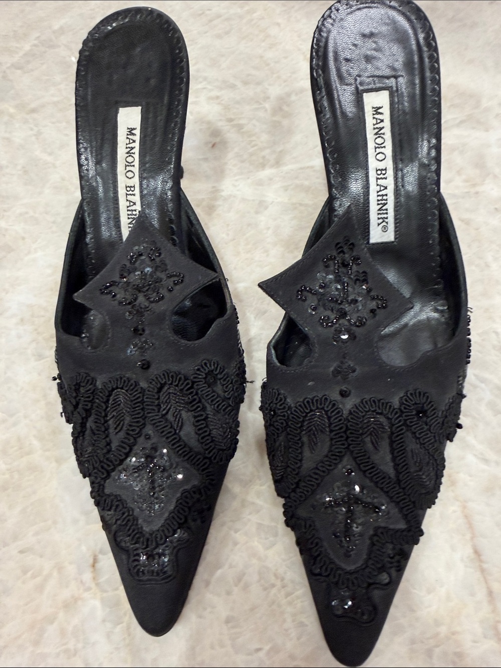 Manolo Blahnik Black Beaded Pointed-Toe Slip-On Mules. Excellent condition